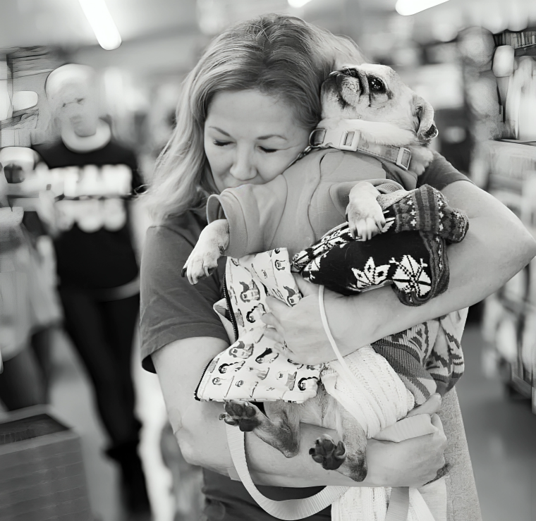 IMG_5286-1920w Woman joyfully hugging a costumed dog.