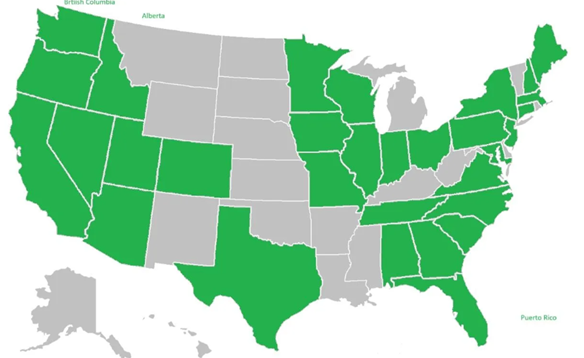 A U.S. map highlighting certain states in green.