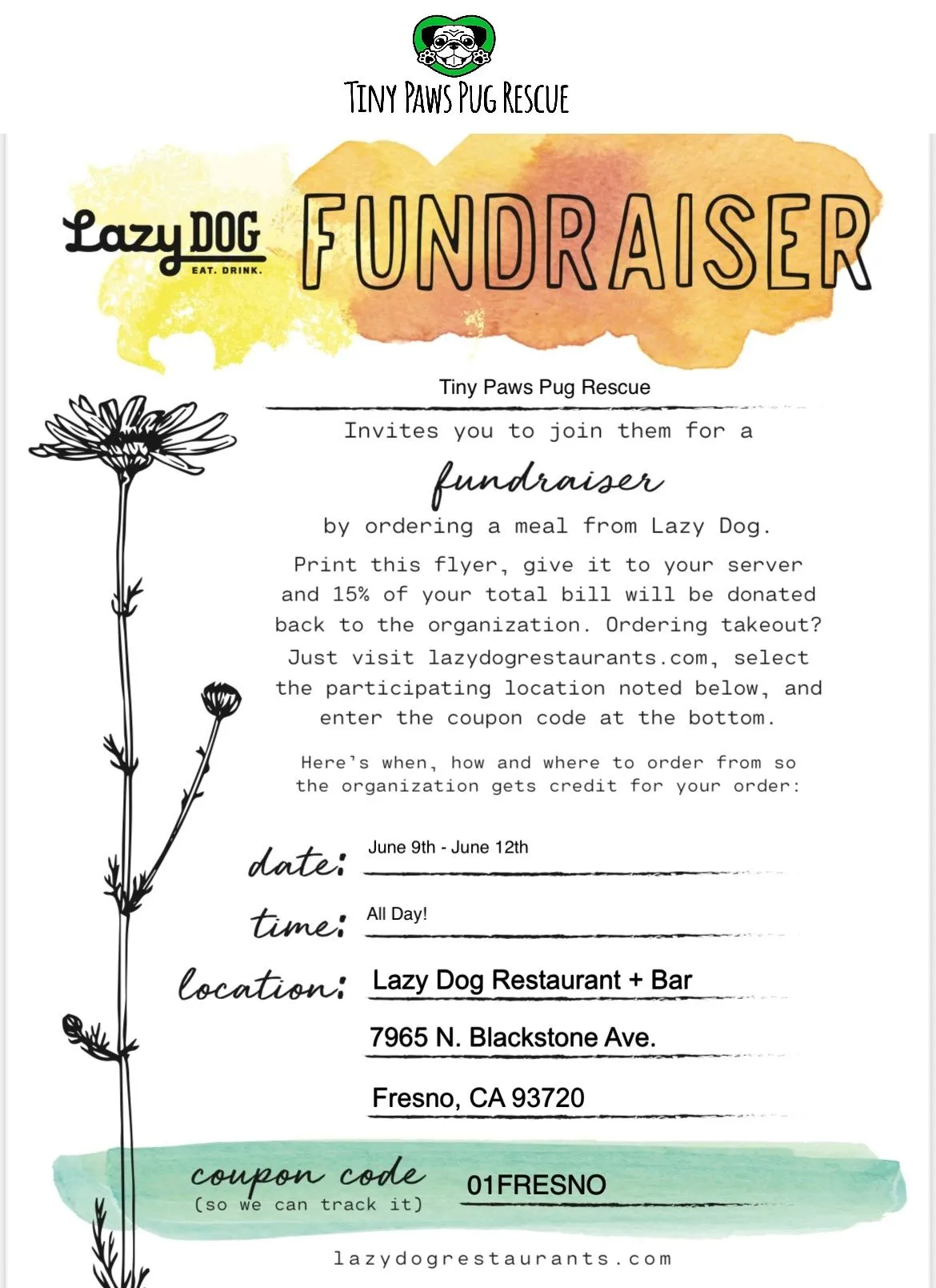 Fundraiser flyer for Tiny Paws Pug Rescue.